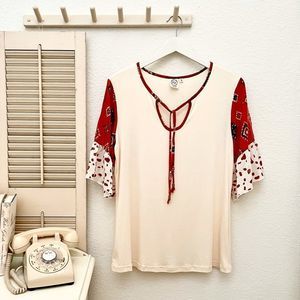 Grace & Emma Tribal Print Trim Pullover Top with Ruffle Bell 3/4 Sleeves…